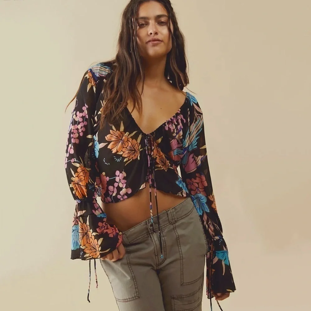 NWT Free People Of Paradise Floral Mesh Flyaway Top Black Combo